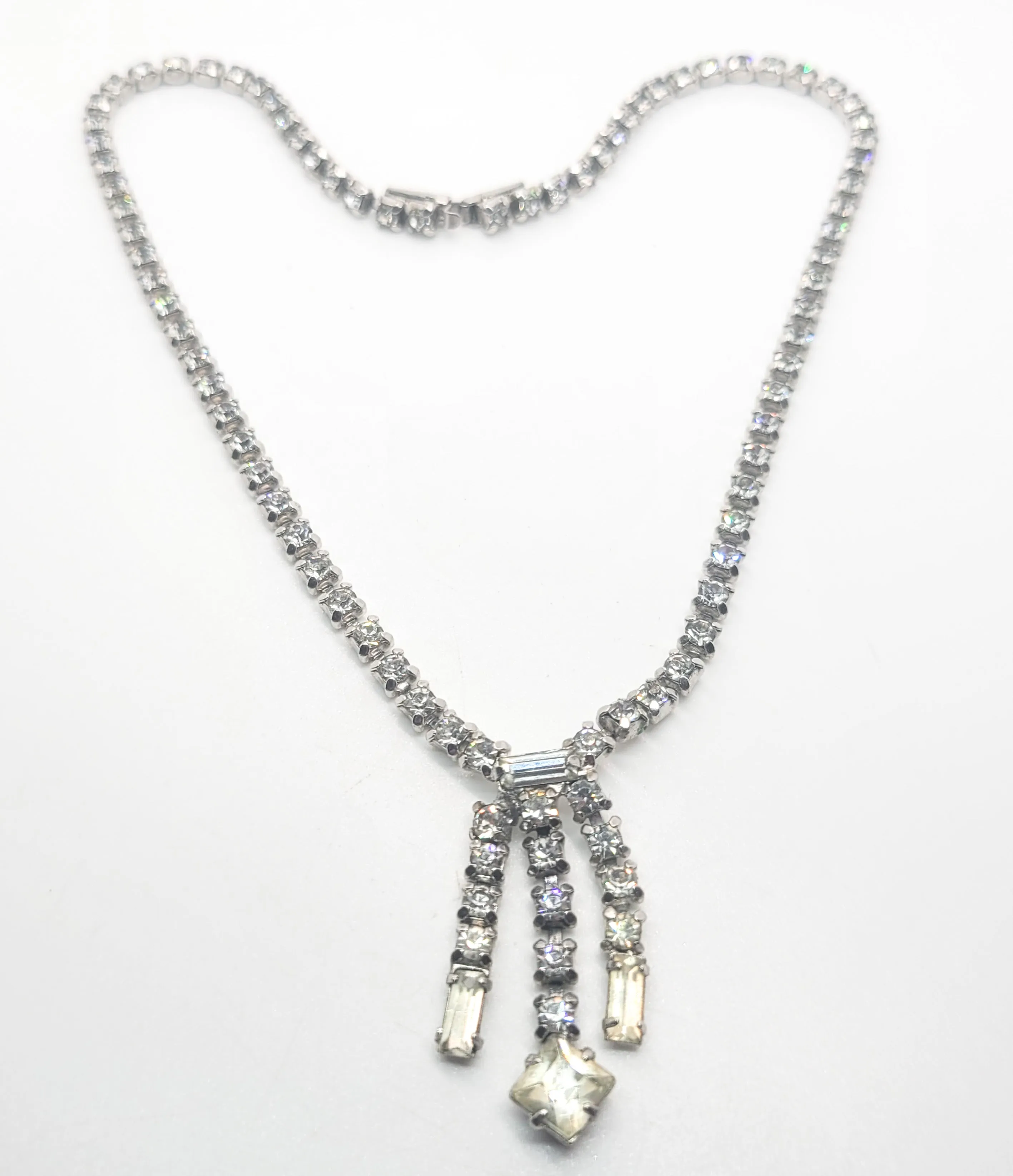 Waterfall clear vintage rhinestone princess cut necklace retro mid century
