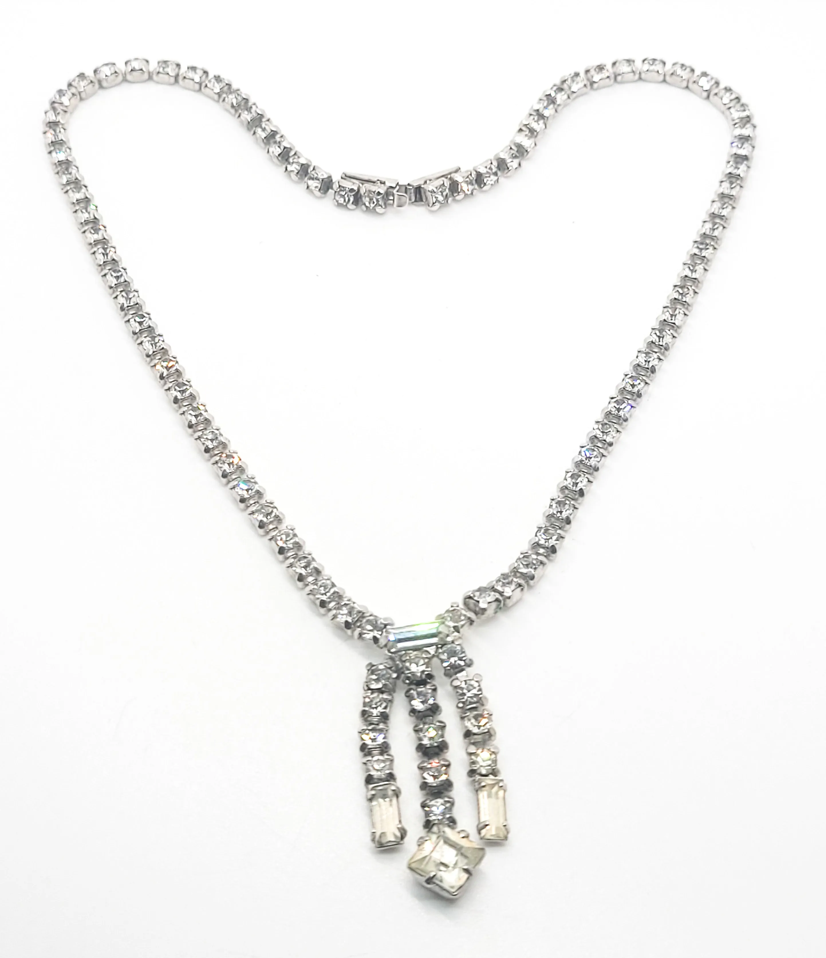 Waterfall clear vintage rhinestone princess cut necklace retro mid century