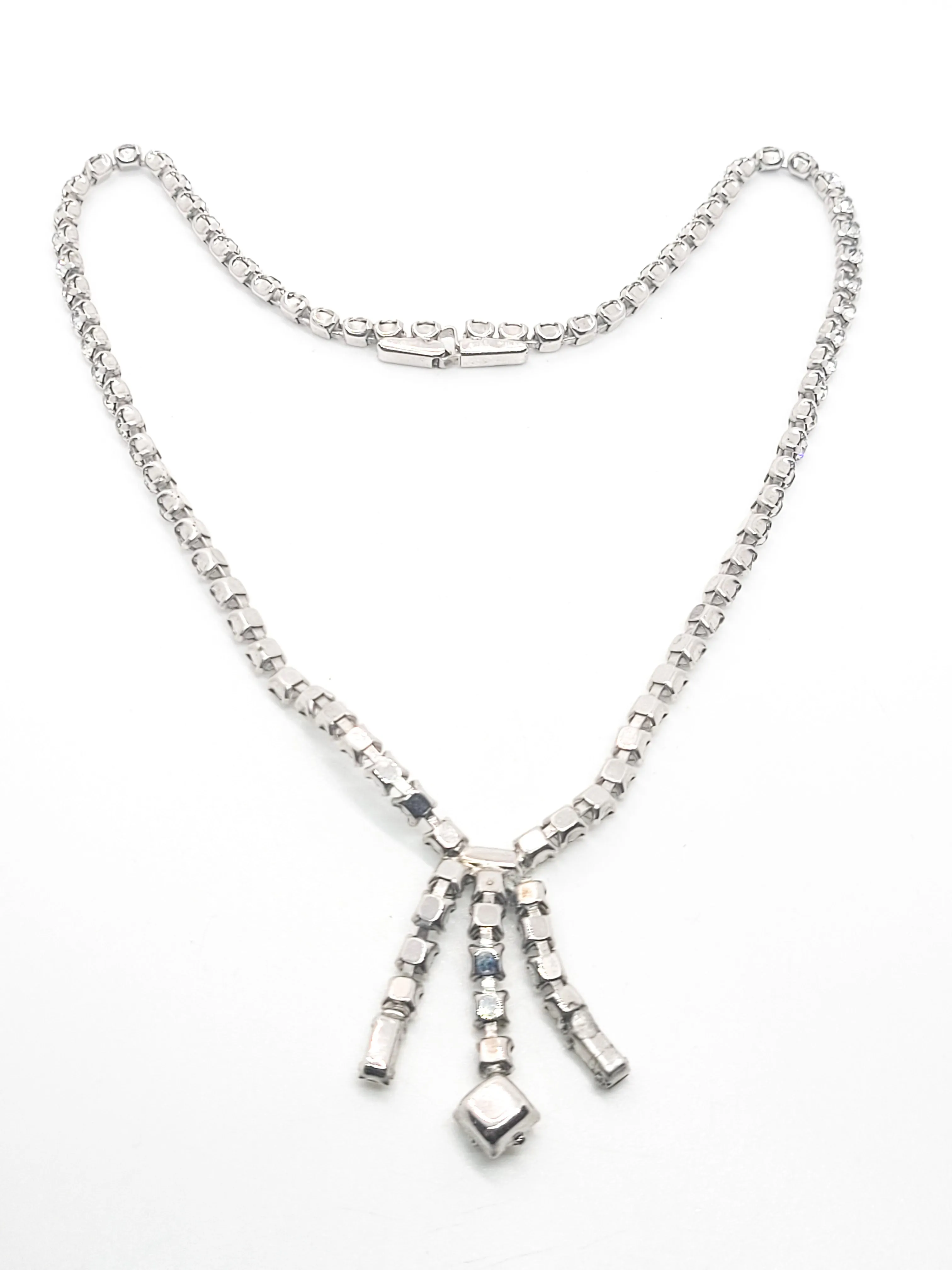 Waterfall clear vintage rhinestone princess cut necklace retro mid century