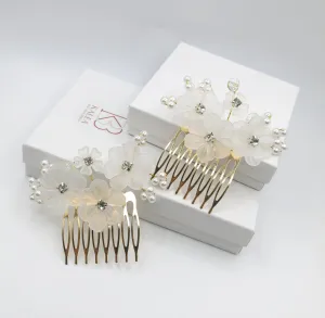 White Flower 2 PC Hair Comb Set, Wedding Floral Pearl Hairpiece 2 PC Set, Bridal White Floral Small Hair Comb Set