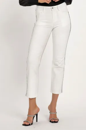 White High Rise Rhinestone Strap Slim Straight Risen Jeans 2/7/24 8015