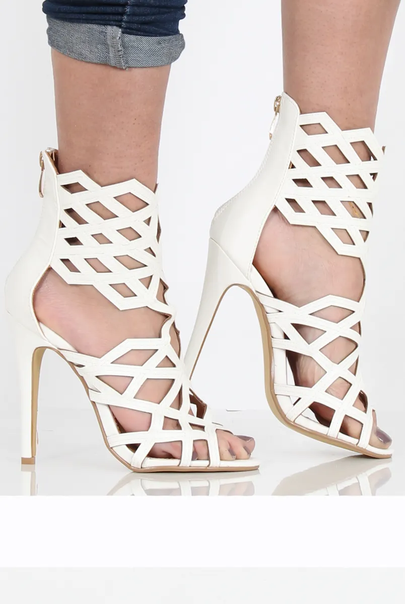 White Pu Caged Heels - Zoey