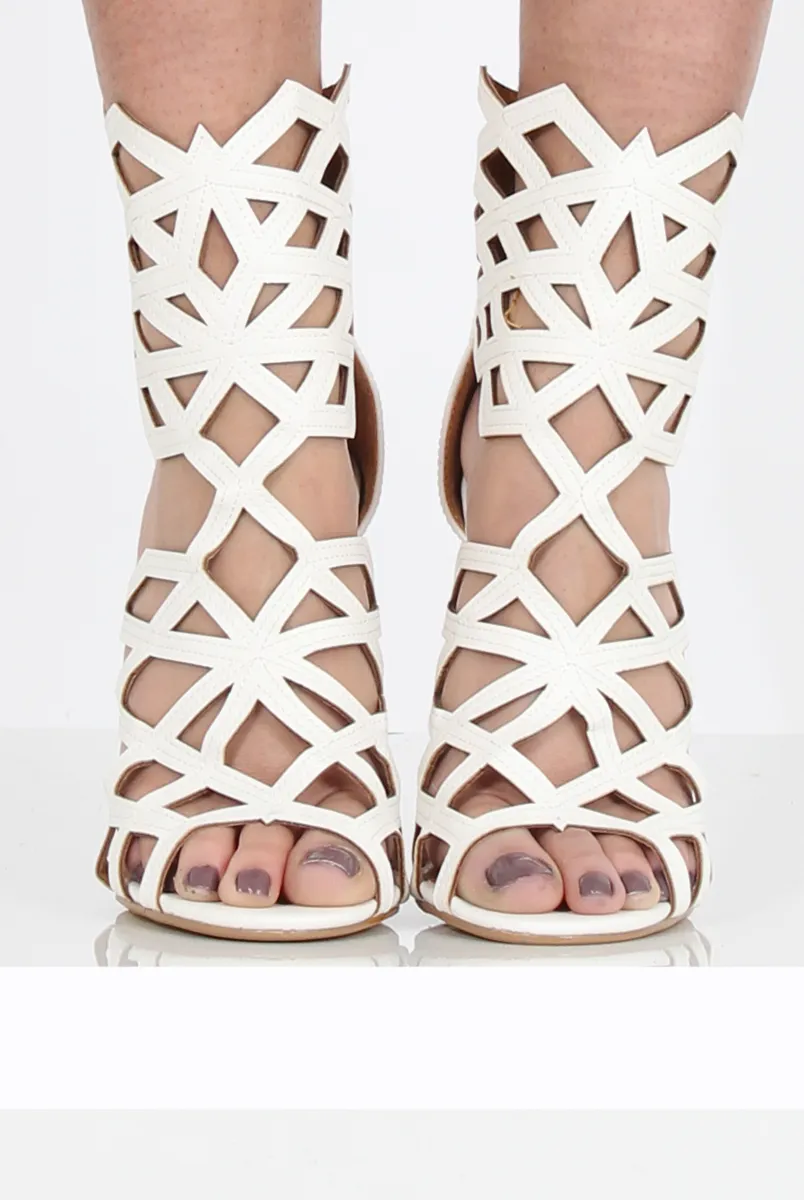 White Pu Caged Heels - Zoey
