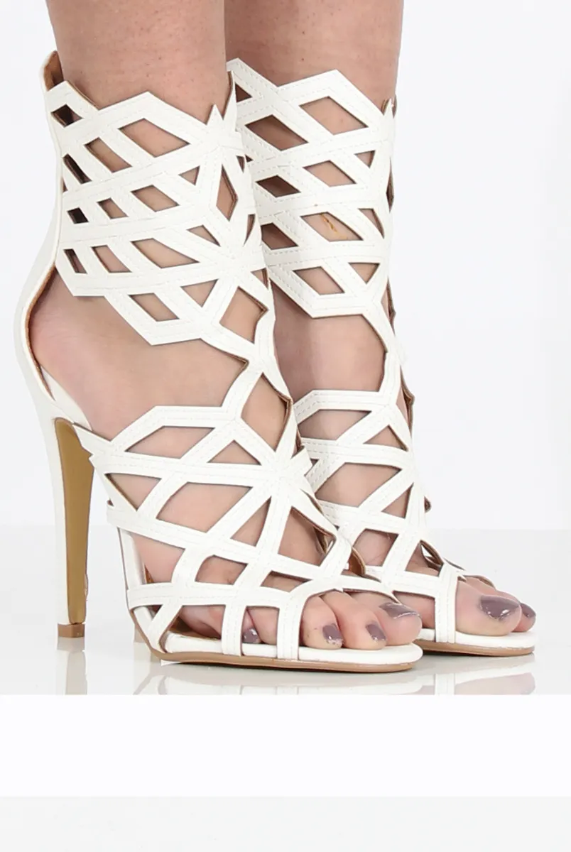 White Pu Caged Heels - Zoey