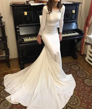 White round neck satin mermaid long prom dress, white evening dress