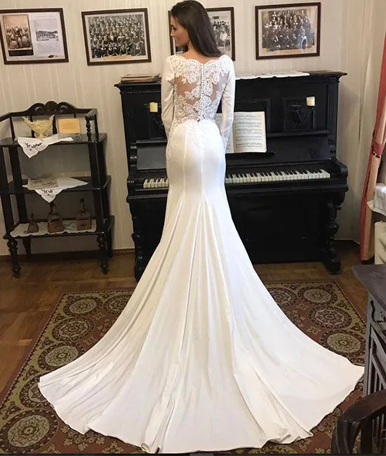 White round neck satin mermaid long prom dress, white evening dress