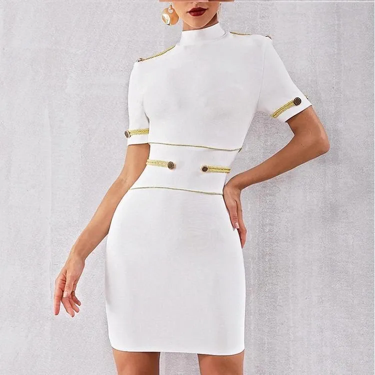 White round neck with gold embedded bandage dress