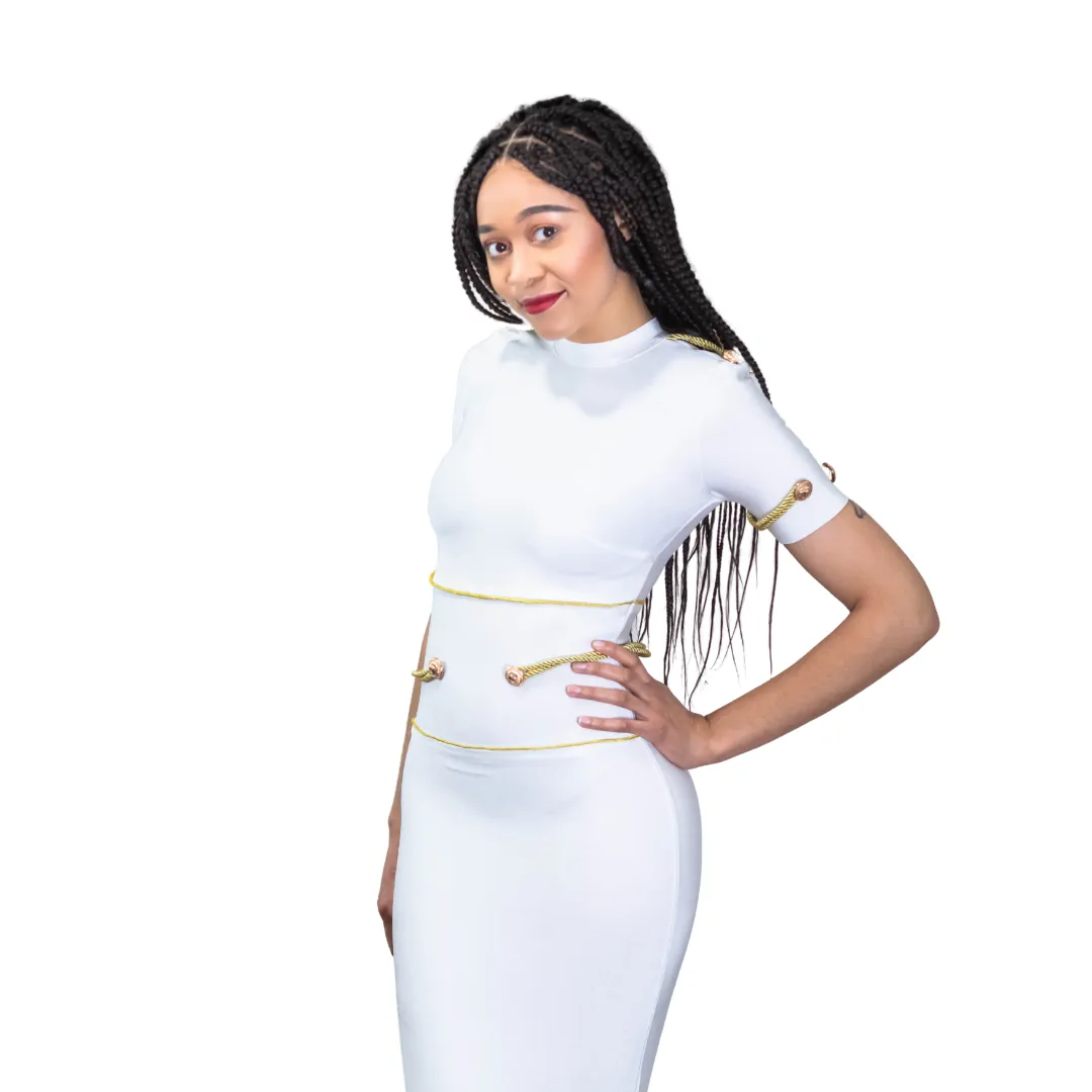 White round neck with gold embedded bandage dress