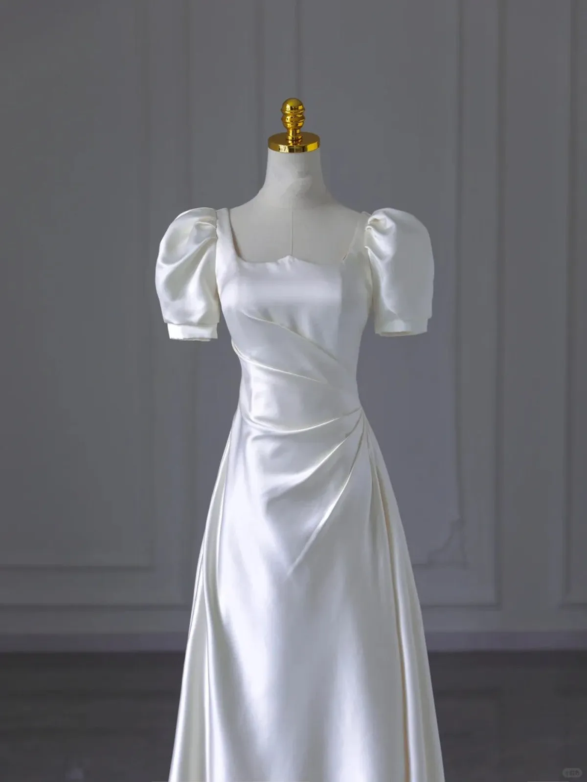 White Satin Short Sleeves A-line Wedding Party Dress, White Satin Formal Dress