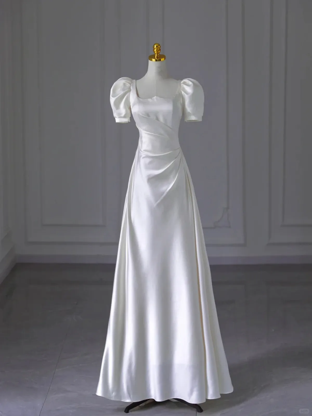 White Satin Short Sleeves A-line Wedding Party Dress, White Satin Formal Dress