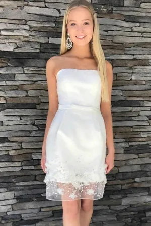 White Sheath Strapless Appliques Beading Short Homecoming Dress HD0072