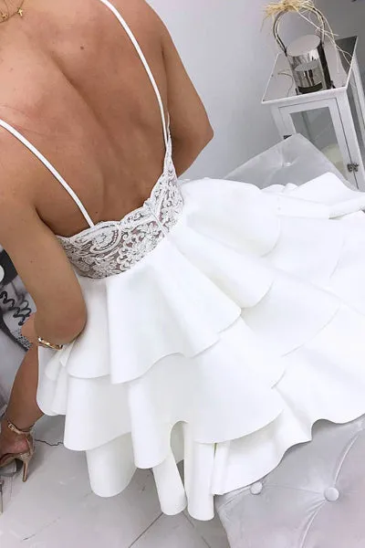 White V-neck Lace Satin A-line Cute Short Prom Dresses | Homecoming Dresses, SH433