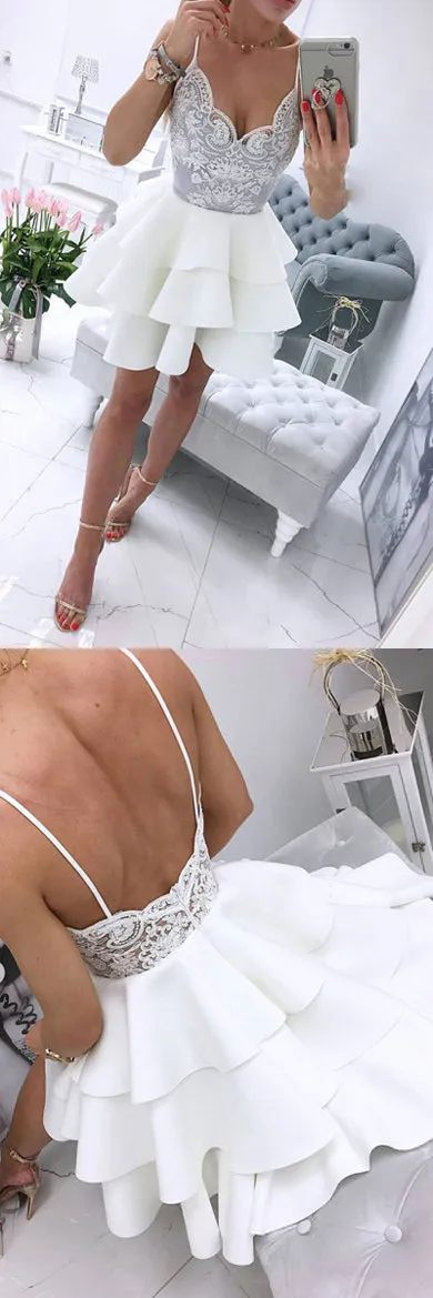 White V-neck Lace Satin A-line Cute Short Prom Dresses | Homecoming Dresses, SH433