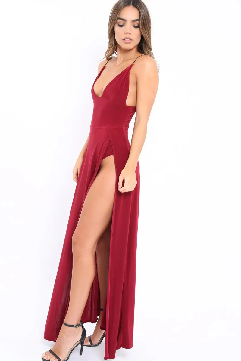 Wine Front Split Leg Maxi Dress - Effy
