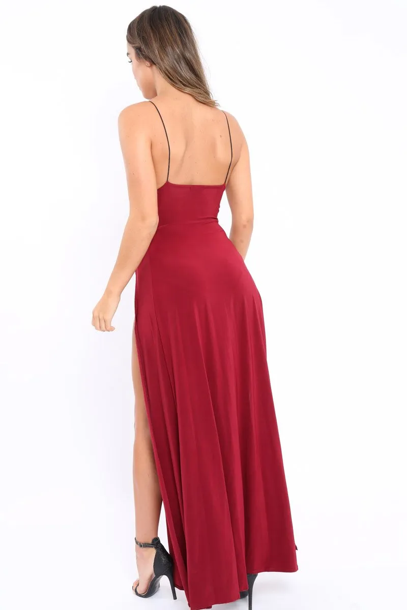 Wine Front Split Leg Maxi Dress - Effy