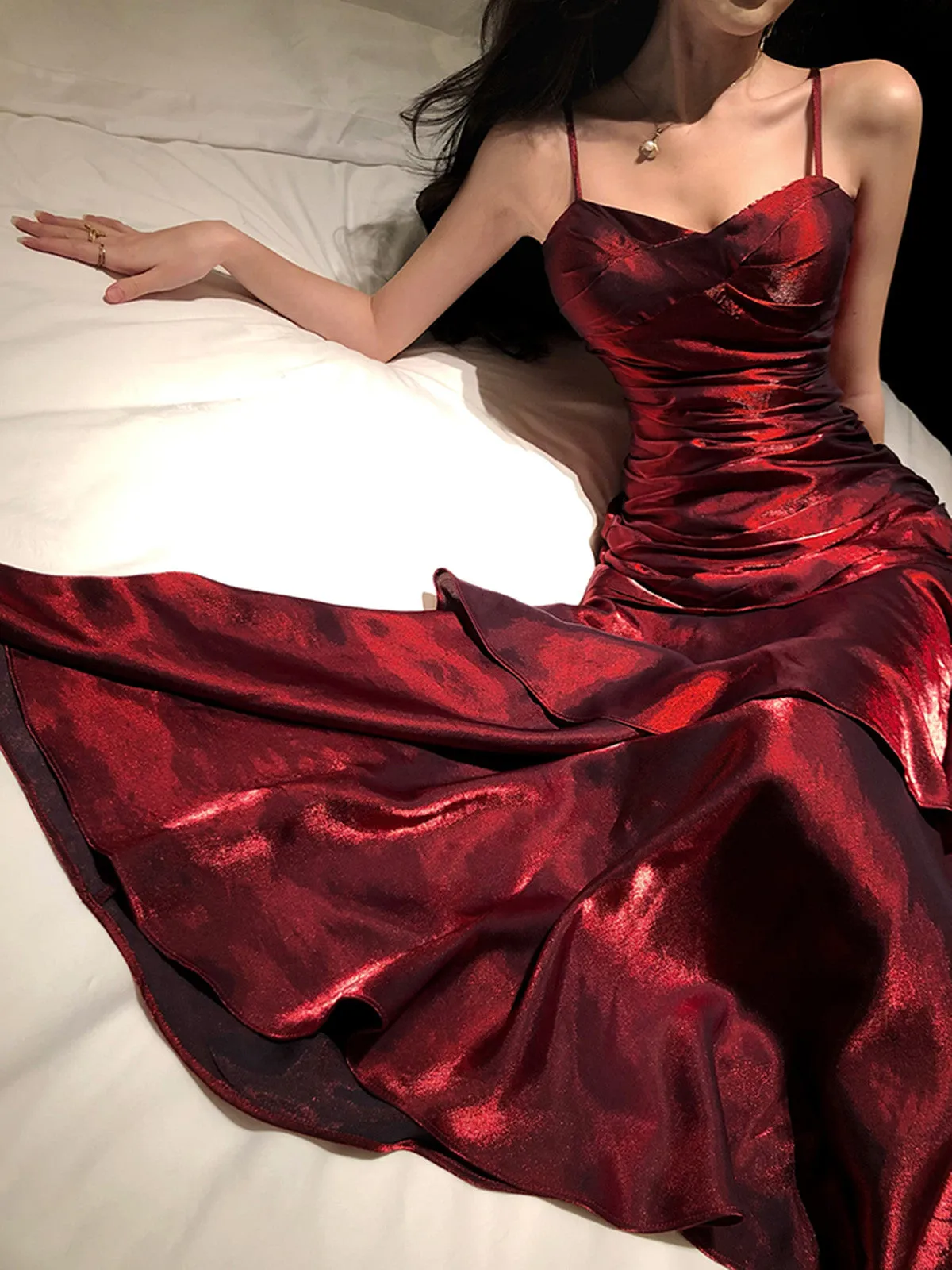 Wine Red Long Mermaid Straps Evening Dress Formal Dress, Wine Red Satin Prom Dress