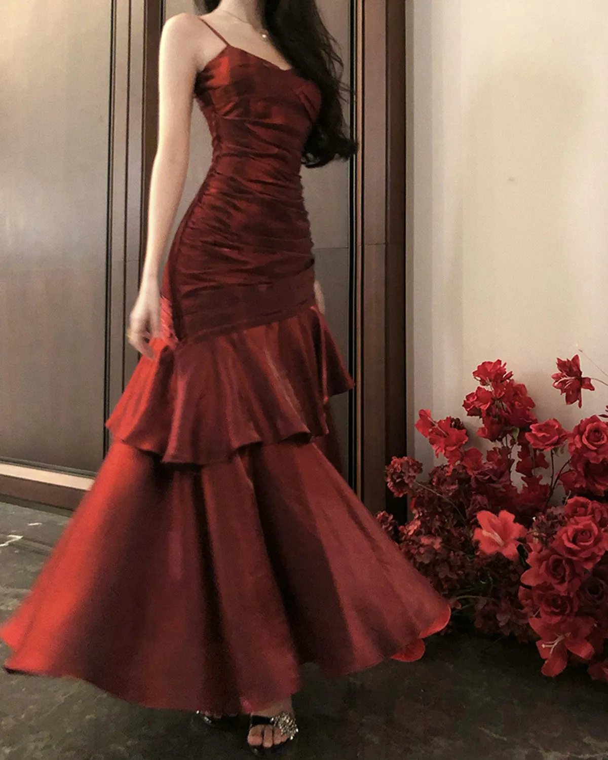 Wine Red Long Mermaid Straps Evening Dress Formal Dress, Wine Red Satin Prom Dress