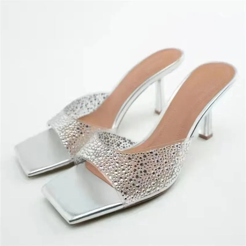 Woman's Rhinestone Square Toes High Sandals Bling Heels Shoes