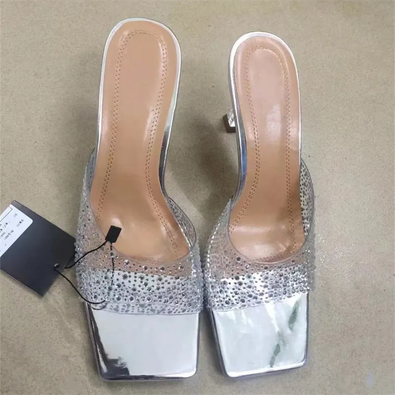 Woman's Rhinestone Square Toes High Sandals Bling Heels Shoes