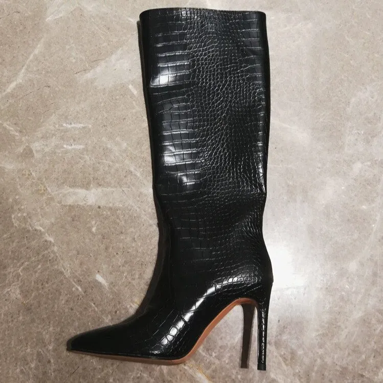 Women Crocodile High Heels Knee High Boots Pointed Toe Party Shoes
