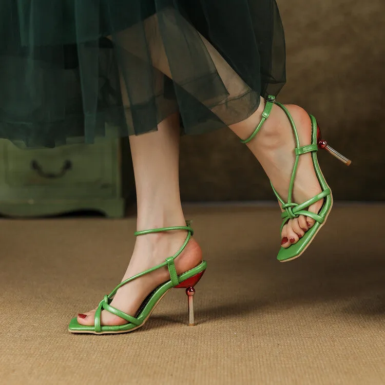 Women's Candy Color Narrow Straps Square Toe Stiletto High Heel Sandals