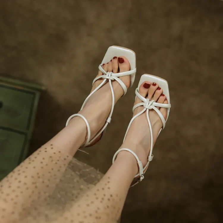 Women's Candy Color Narrow Straps Square Toe Stiletto High Heel Sandals