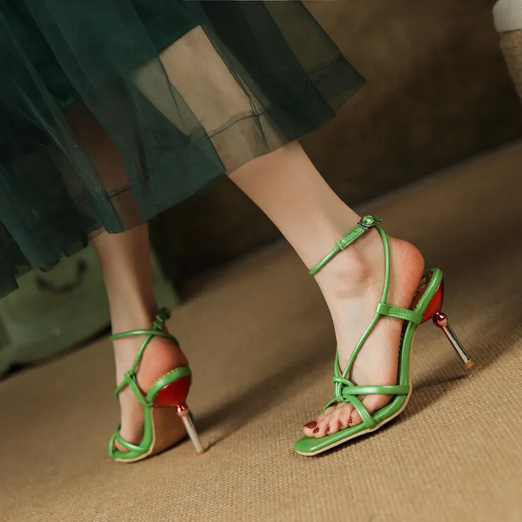 Women's Candy Color Narrow Straps Square Toe Stiletto High Heel Sandals
