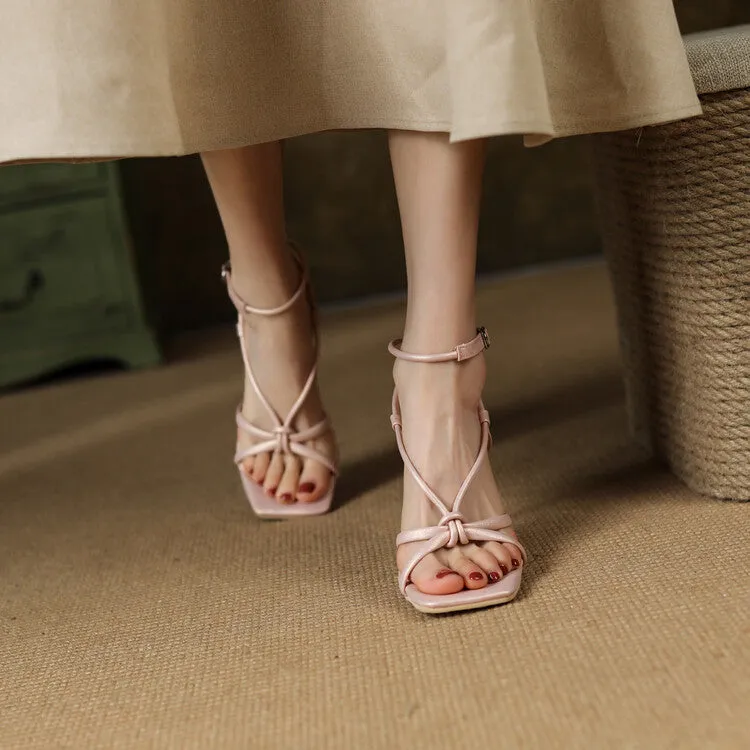 Women's Candy Color Narrow Straps Square Toe Stiletto High Heel Sandals