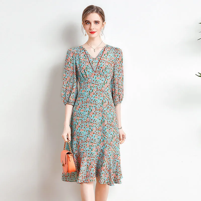 Women's Mulberry Silk Summer V-Neck Neck Waist French Dress