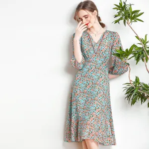 Women's Mulberry Silk Summer V-Neck Neck Waist French Dress