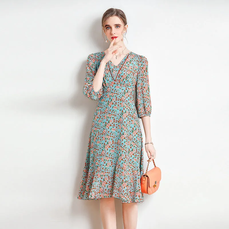 Women's Mulberry Silk Summer V-Neck Neck Waist French Dress
