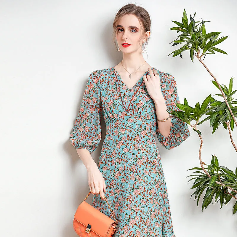Women's Mulberry Silk Summer V-Neck Neck Waist French Dress