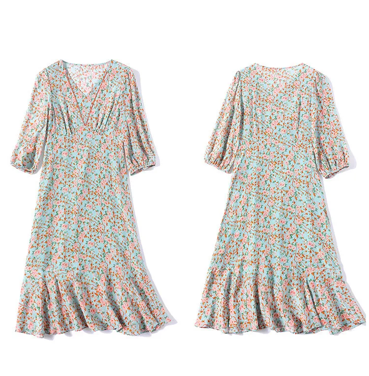 Women's Mulberry Silk Summer V-Neck Neck Waist French Dress