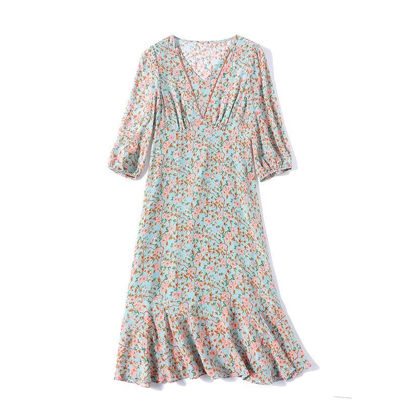 Women's Mulberry Silk Summer V-Neck Neck Waist French Dress