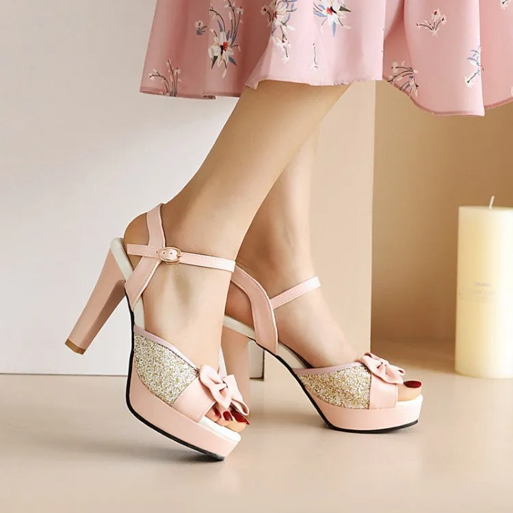Women's Peep Toe Rhinestone Butterfly Knot High Heel Platform Sandals