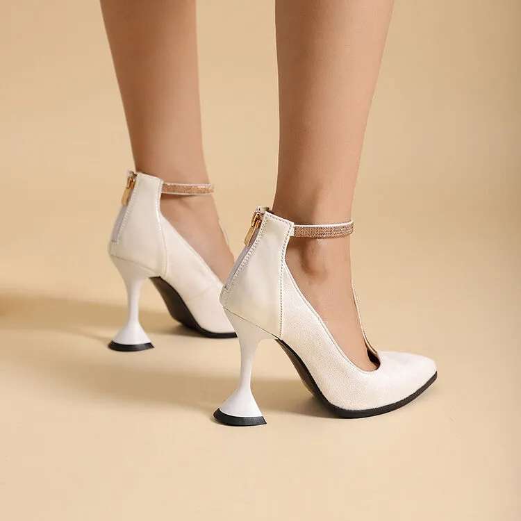 Women's Rhinestone T Strap Pointed Toe High Heel Pumps
