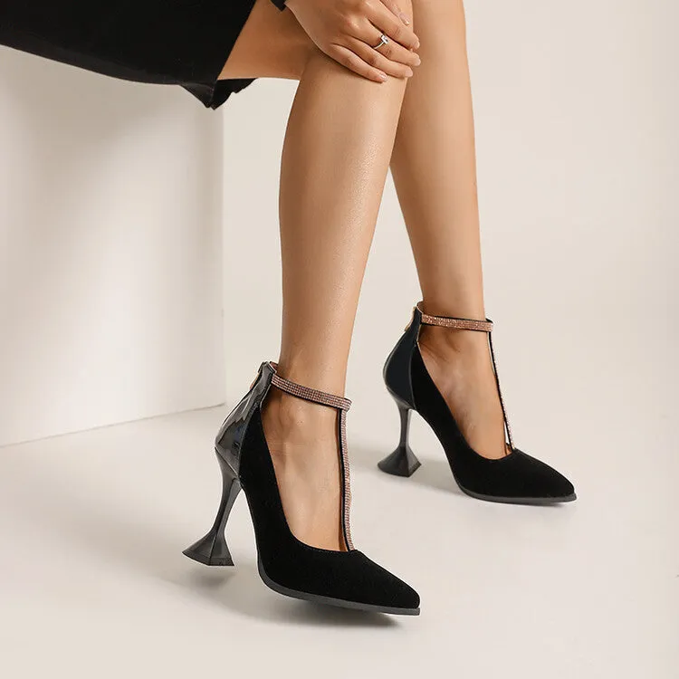 Women's Rhinestone T Strap Pointed Toe High Heel Pumps