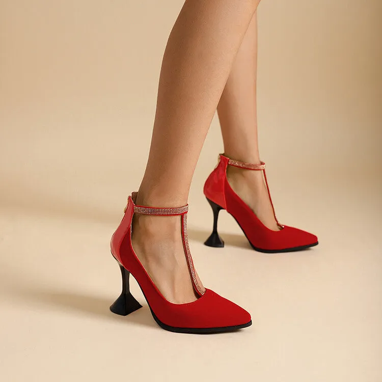 Women's Rhinestone T Strap Pointed Toe High Heel Pumps