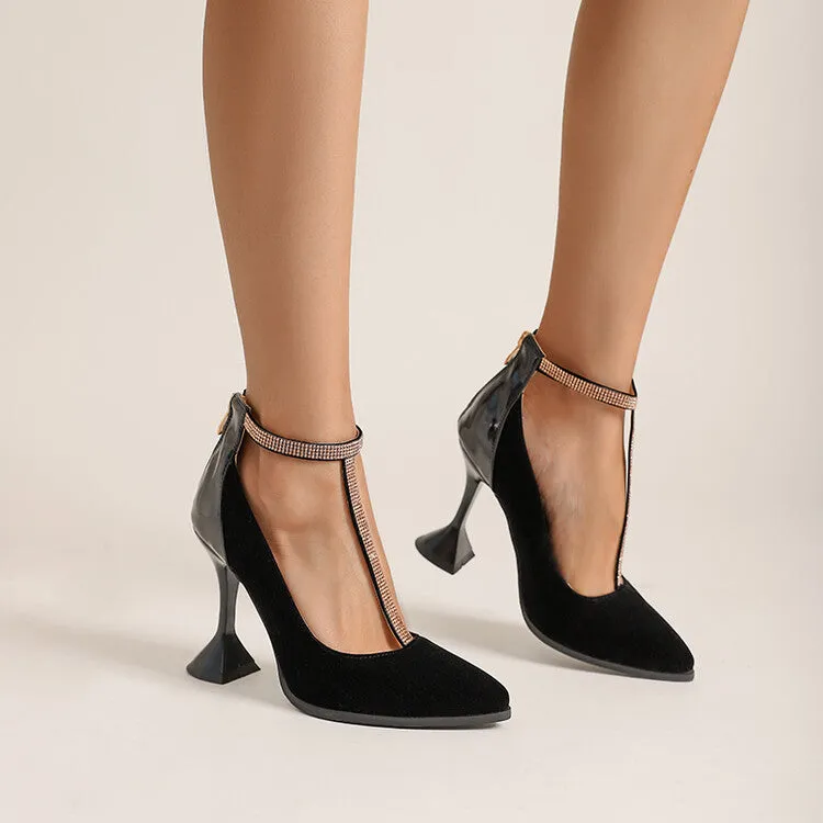Women's Rhinestone T Strap Pointed Toe High Heel Pumps
