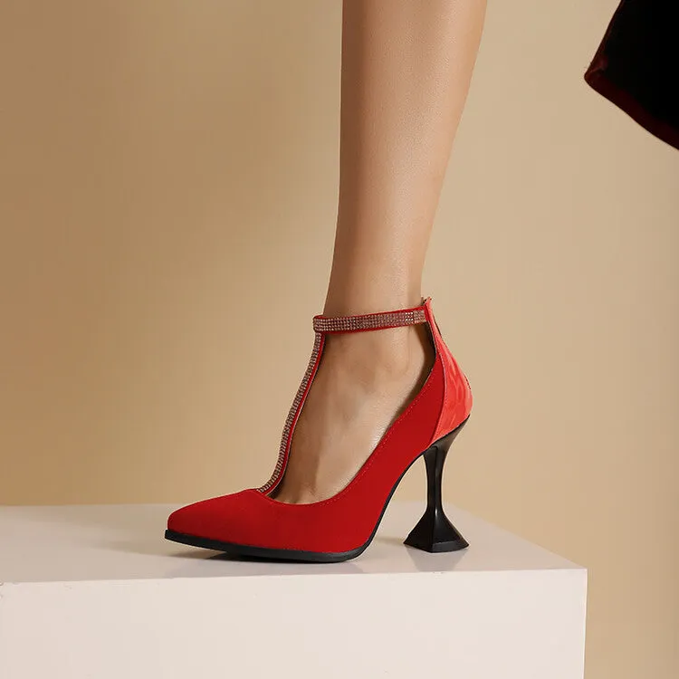 Women's Rhinestone T Strap Pointed Toe High Heel Pumps