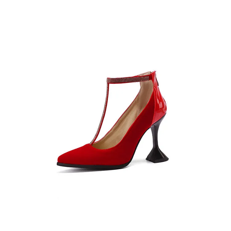 Women's Rhinestone T Strap Pointed Toe High Heel Pumps