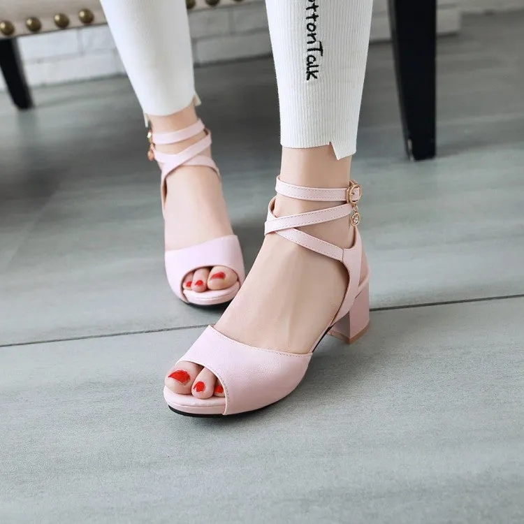Women's Solid Color Cross Ankle Strap Block Heels Sandals