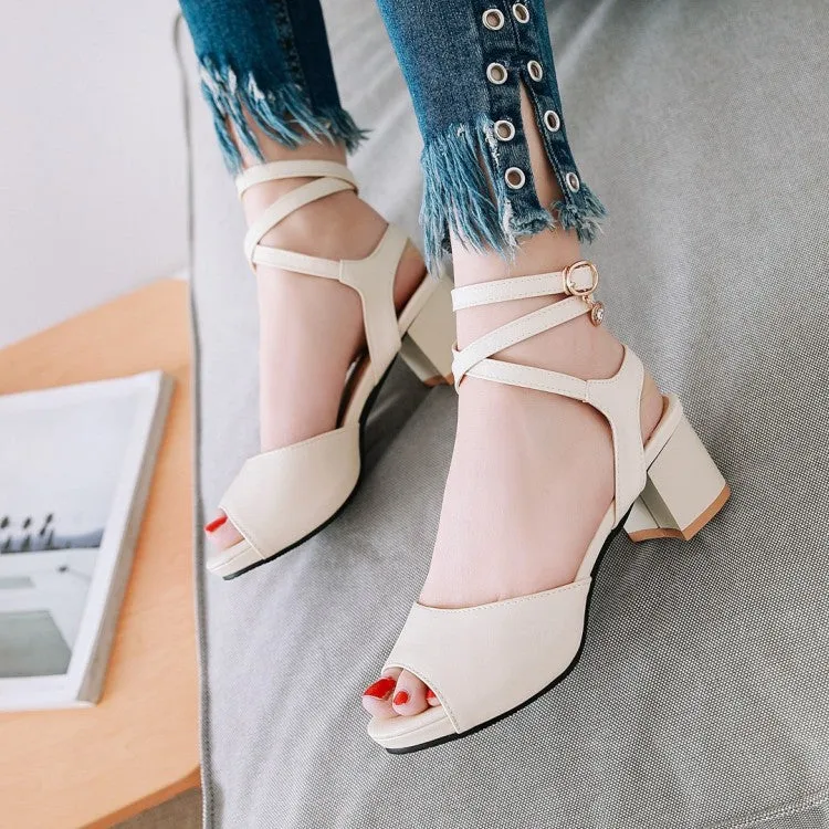 Women's Solid Color Cross Ankle Strap Block Heels Sandals