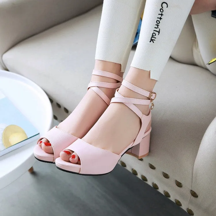 Women's Solid Color Cross Ankle Strap Block Heels Sandals