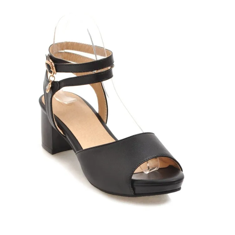 Women's Solid Color Cross Ankle Strap Block Heels Sandals