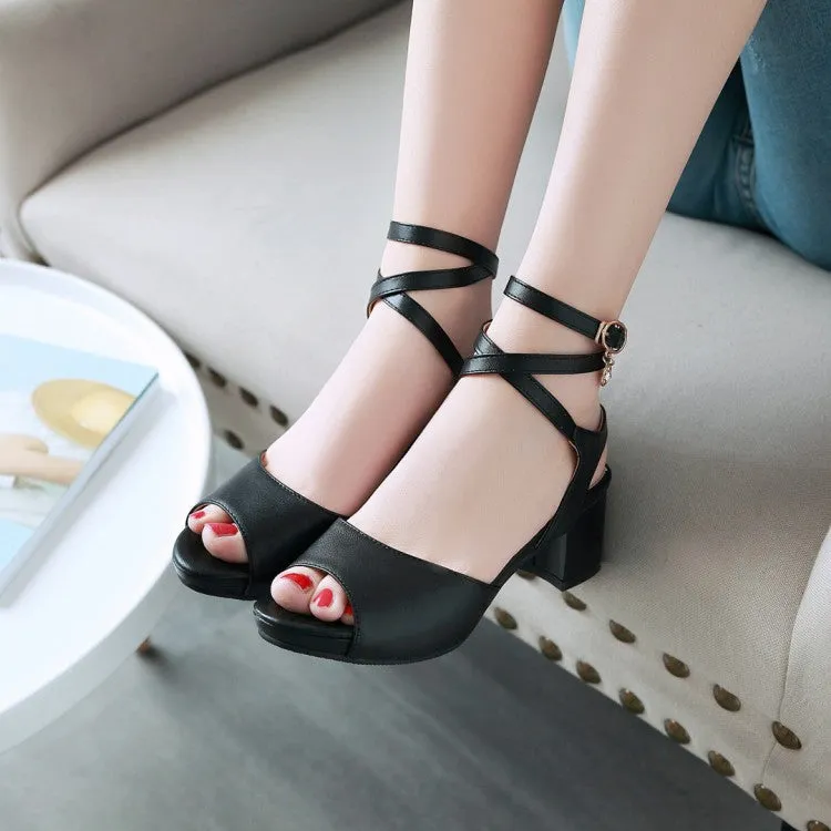 Women's Solid Color Cross Ankle Strap Block Heels Sandals