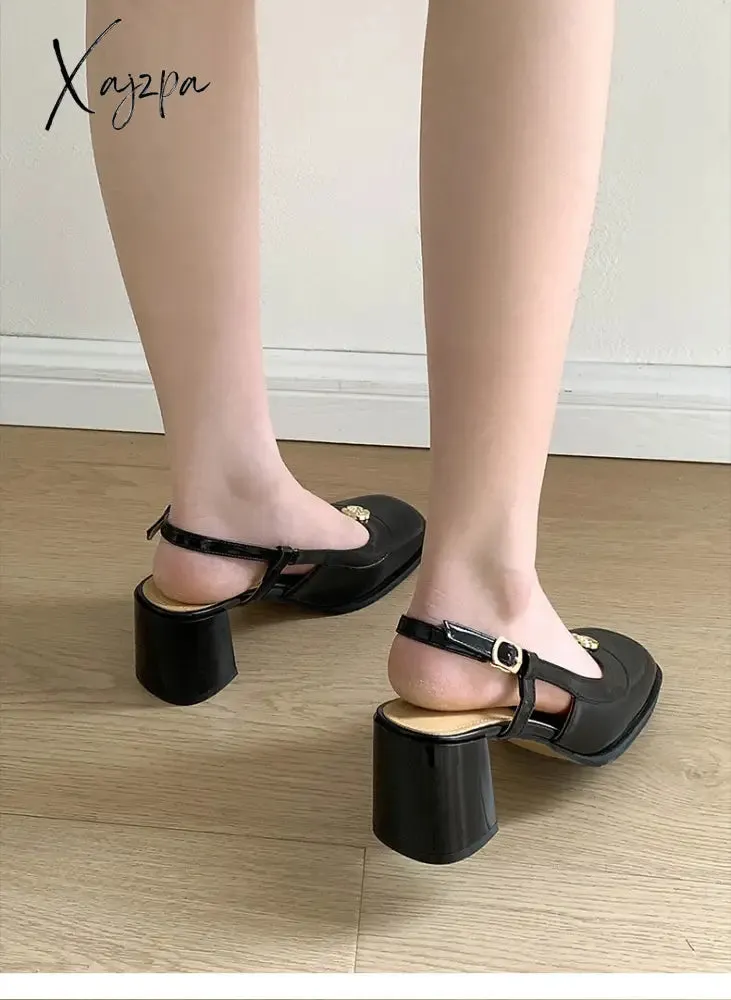 Xajzpa - New Summer Women Sandals Temperament Thick High Heel Mary Jane Females Sandals Fashion Cozy Cute Retro Breathable Daily Shoes