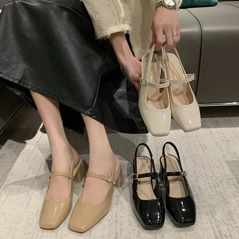 xiangtuibao Women's Chunky Heel High Heels Women's Fashion Shoes  Summer New Sandals Female Temperament Back Empty Square Toe Mary Jane Shoes
