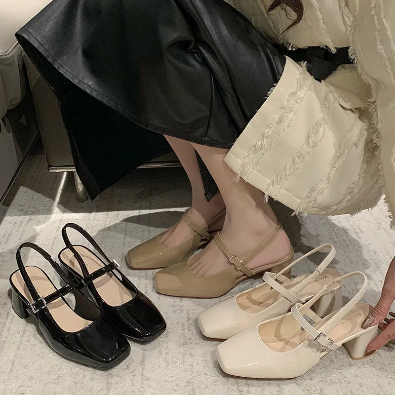 xiangtuibao Women's Chunky Heel High Heels Women's Fashion Shoes  Summer New Sandals Female Temperament Back Empty Square Toe Mary Jane Shoes