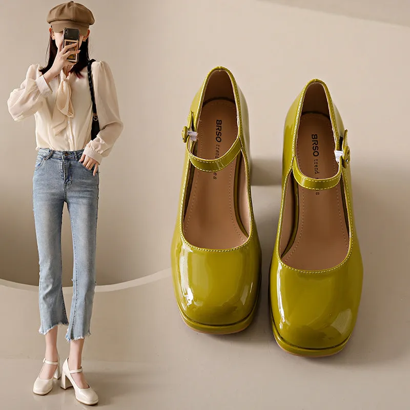 xiangtuibao Women's High Heels Mary Jane Shoes  Summer New Simple Temperament Candy Color Thick Heel Ankle-Strap Pumps Women